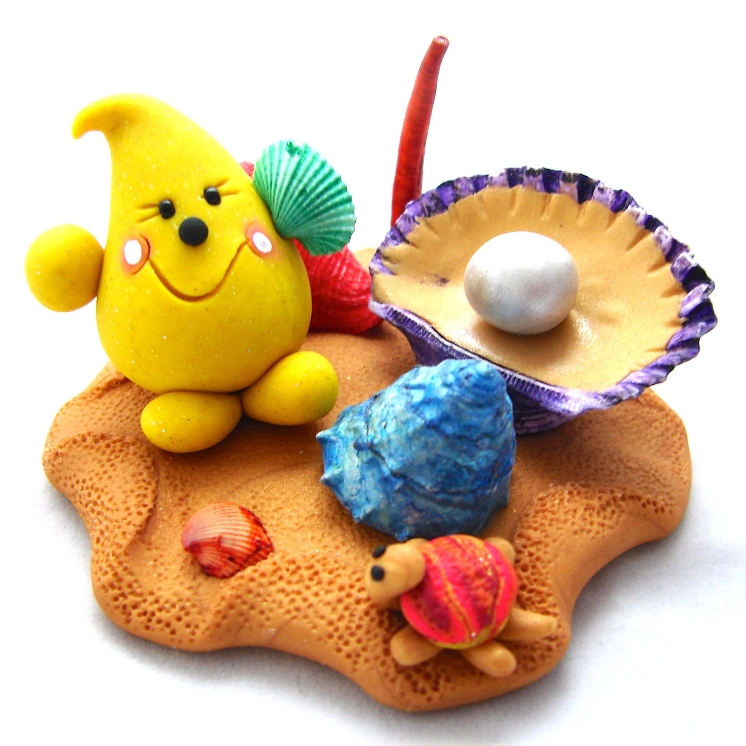 Beach Parker Figurine - Oyster with Pearl Polymer Clay Storybook Scene