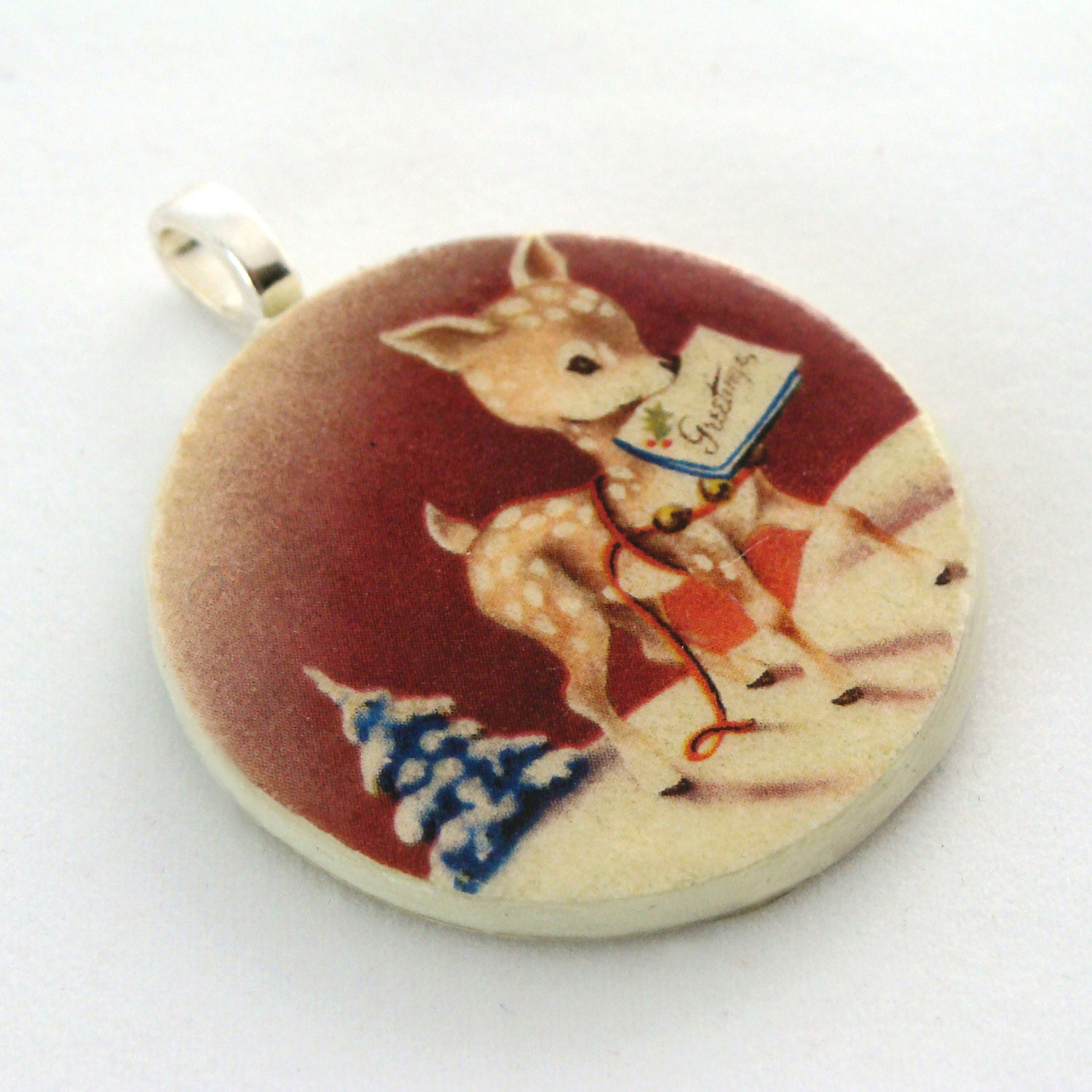 Pendant,  Vintage Reindeer, Handmade Decoupaged, FREE SHIPPING