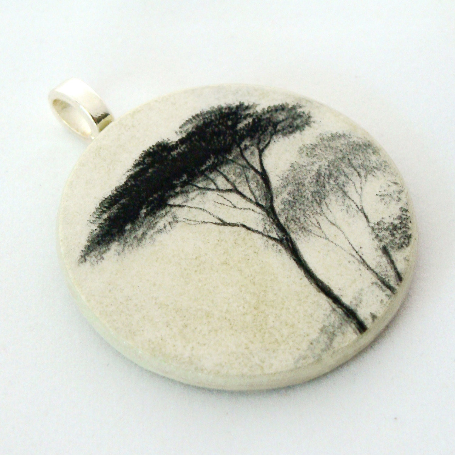 Pendant, Vintage Tree Silhouette, Handmade Decoupaged, FREE SHIPPING