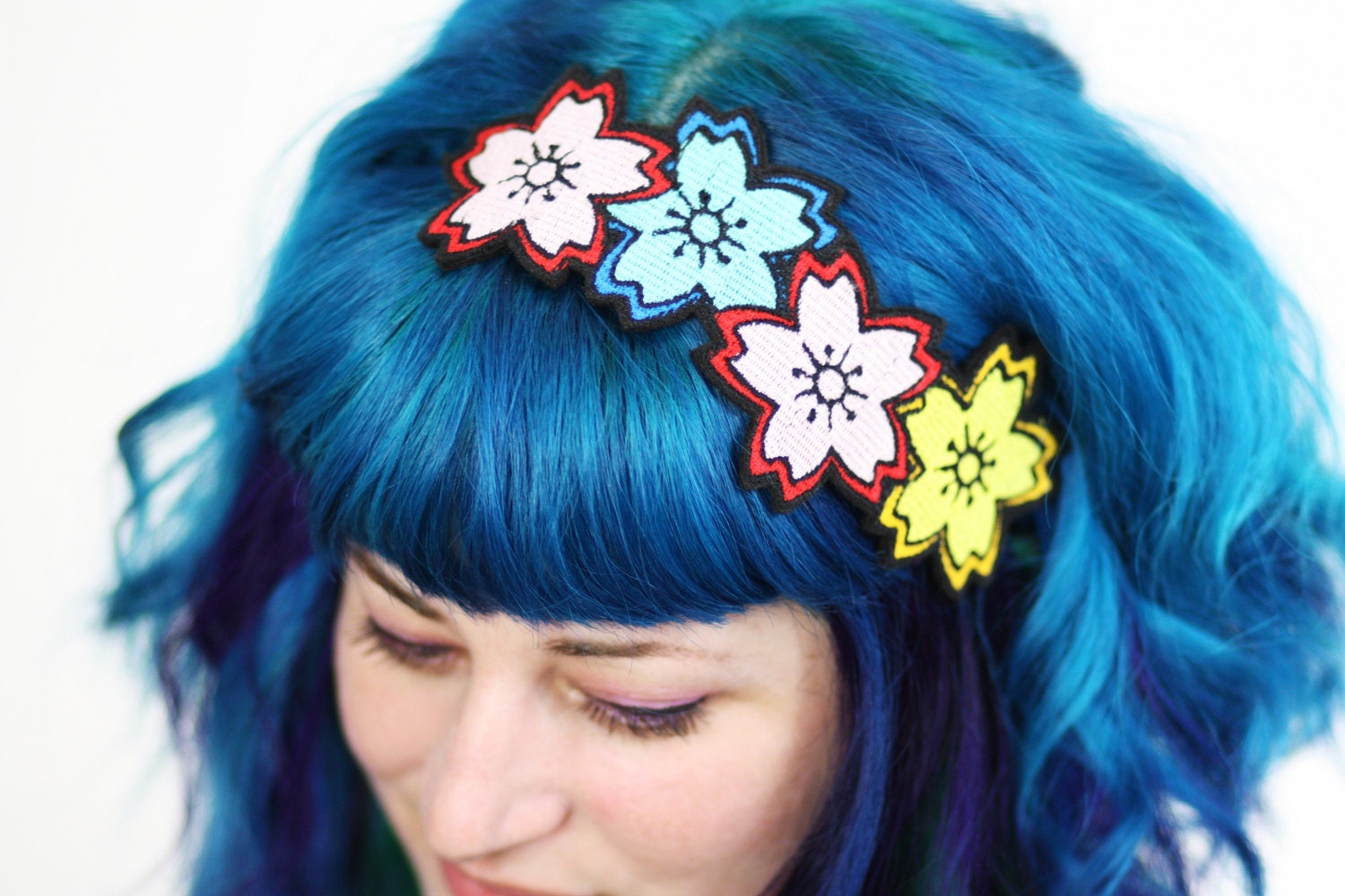 Cherry Blossom Headband, Sakura Headband, Japan Kawaii, Pink, blue & yellow