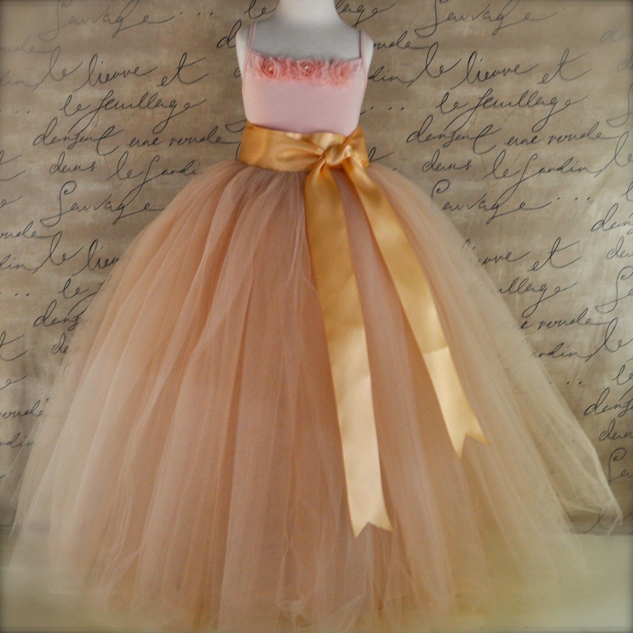 Flower Girl long sewn tutu in champagne tulle sashed with gold,ivory, pink or burgundy satin.