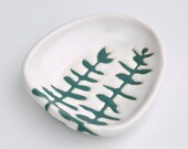 decorative handmade bowl - eucalyptus leaves in blue green matte on white