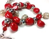 Red Charm Bracelet, Coral,  Sterling Silver Clasp