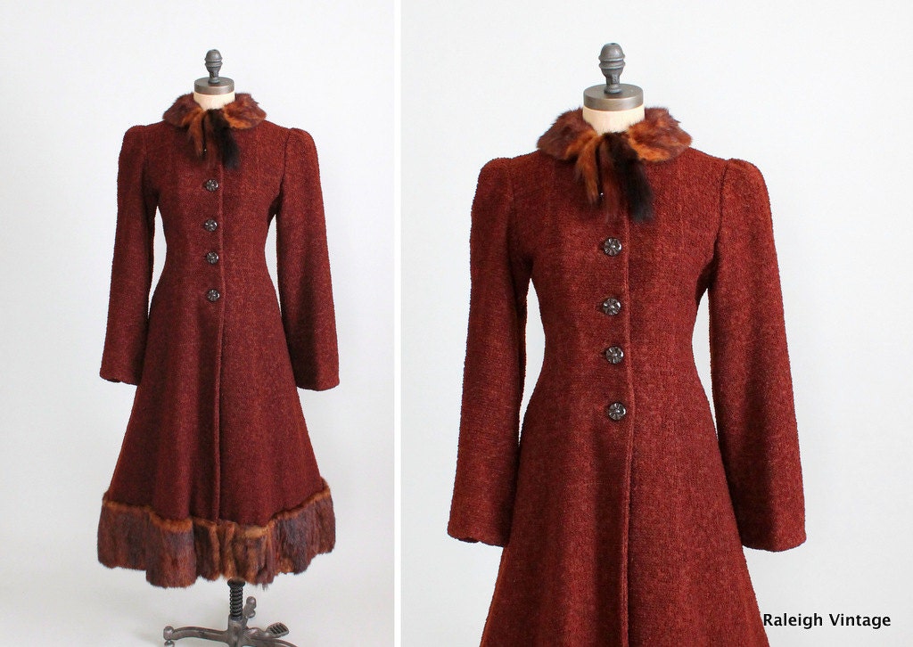 Vintage 1930s Coat : 30s Wool Princess Coat with Mink Trim