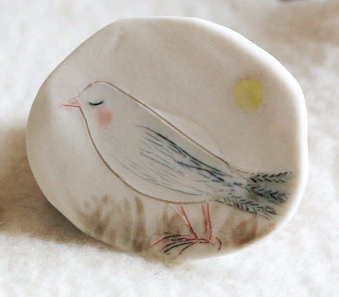 SALE Porcelain brooch / Small wall piece 11 : "Bird under the moonlight" handmade original