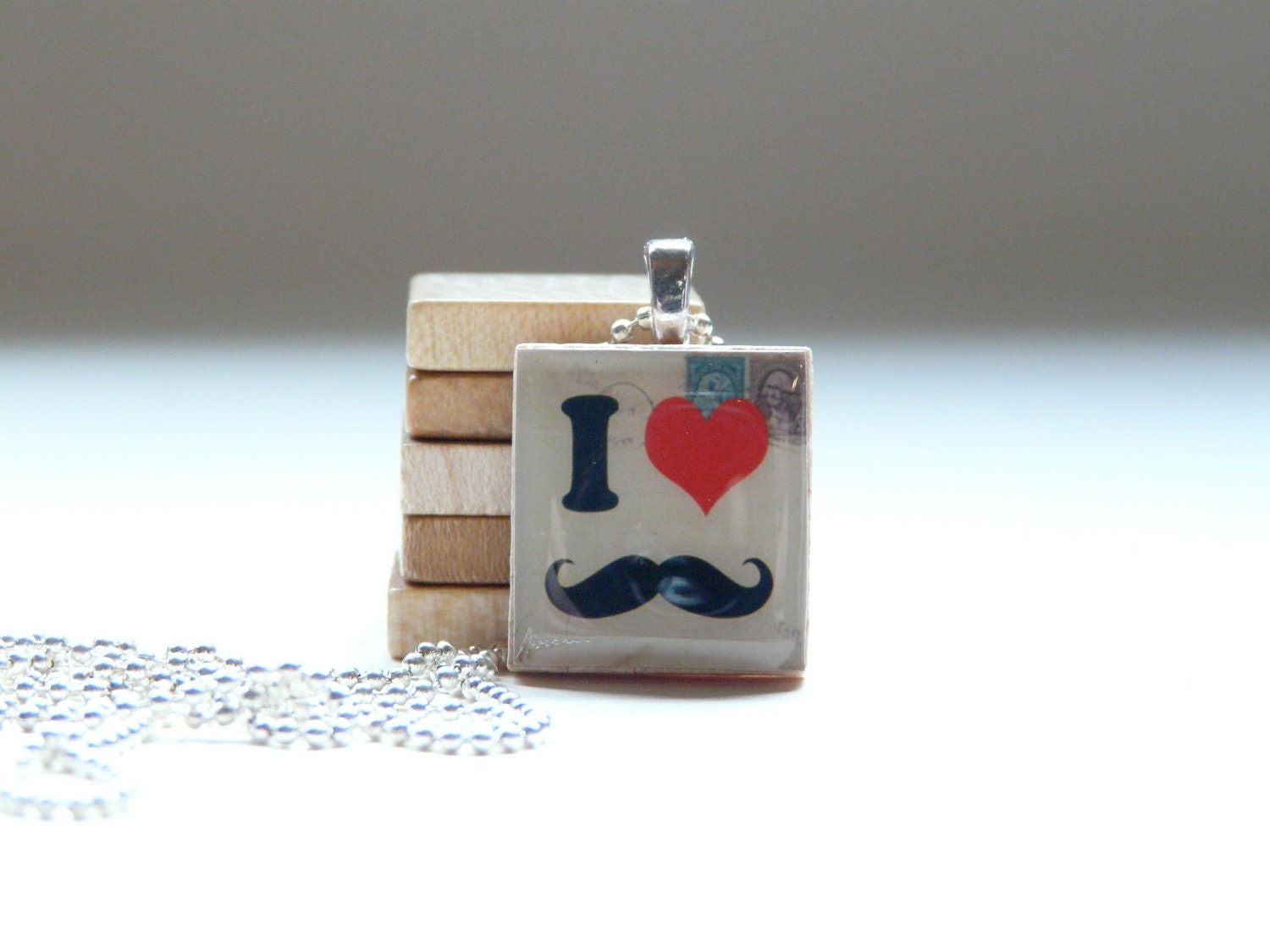 I Love Heart Mustaches Scrabble Tile Pendant With Silver Ball Chain Necklace (S9)