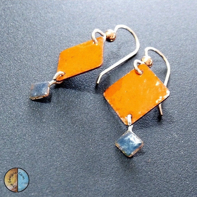 Tangerine Orange and Denim Blue Enamel Dangle Earrings, Copper & Sterling