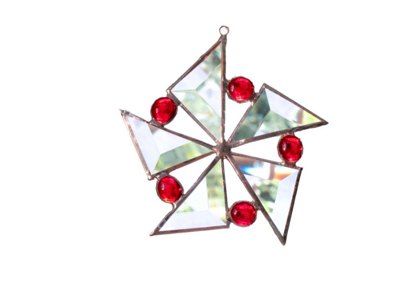 Red Sun Catcher Stained Glass Star Flower Christmas Ornament Beveled Handmade OOAK