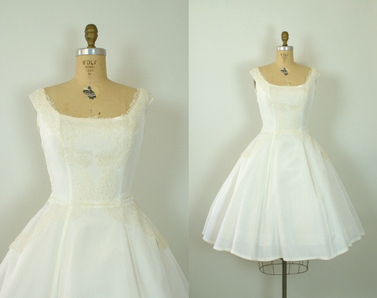 Vintage 1950s Wedding Dress -- Ivory Taffeta and Lace Tea Length  Wedding Gown -- Forever After