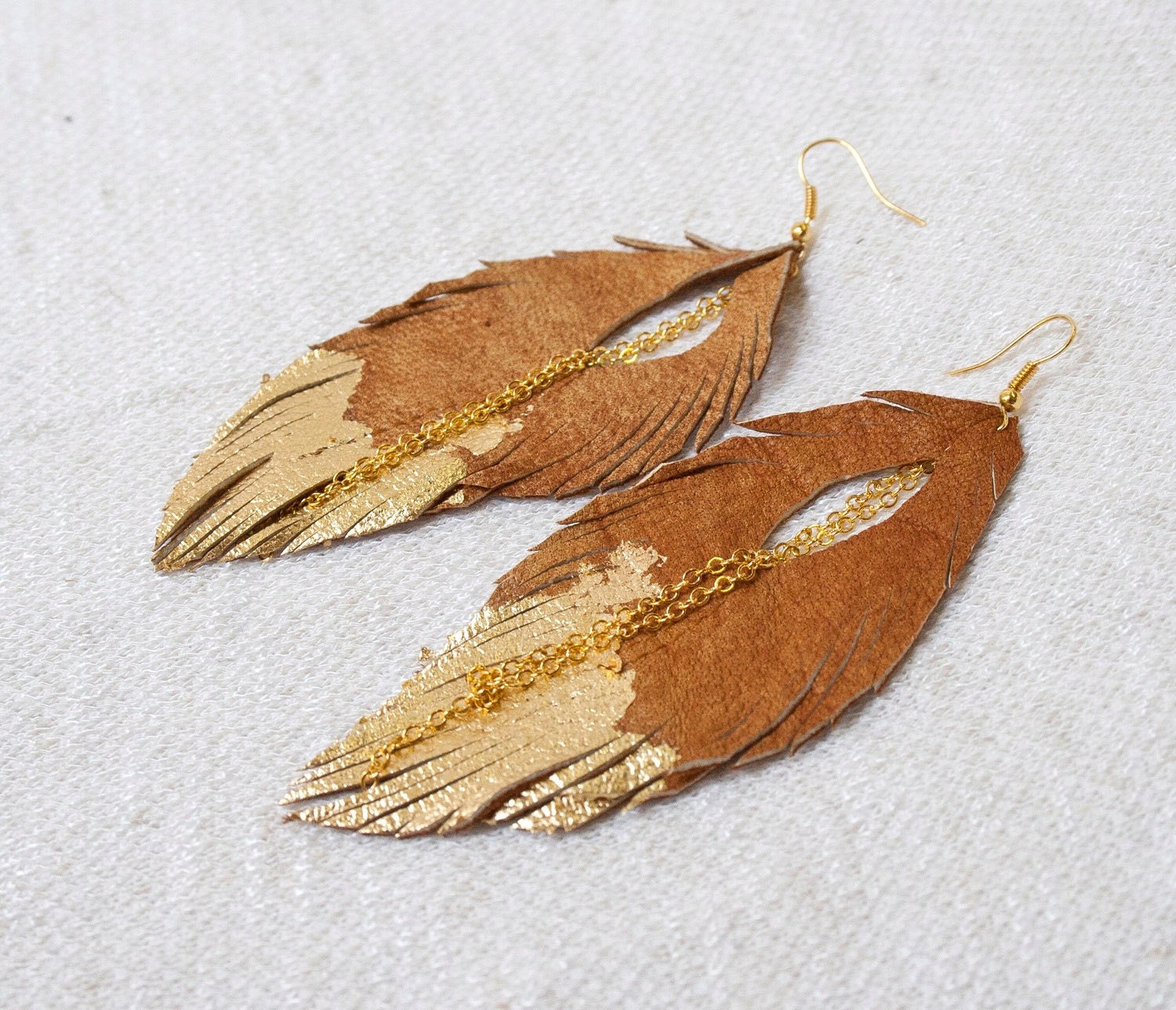 Leather Feather Earrings. Natural with Gold Gilded Tip Earrings. Gold Leafed Sparkling Bohemian. Free Shipping