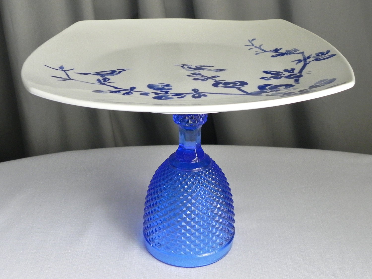 Cake Stand Pedestal Stand Cupcake Stand Wedding Decor. Blue Birds In Cobalt By E. Isabella Designs As Featured In Martha Stewart Weddings.