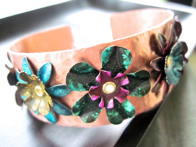 Flower Copper Textured Cuff Bracelet
