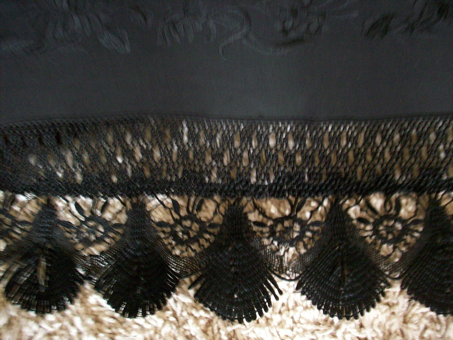 Incredible black silk piano or clothing shawl hand embroidered