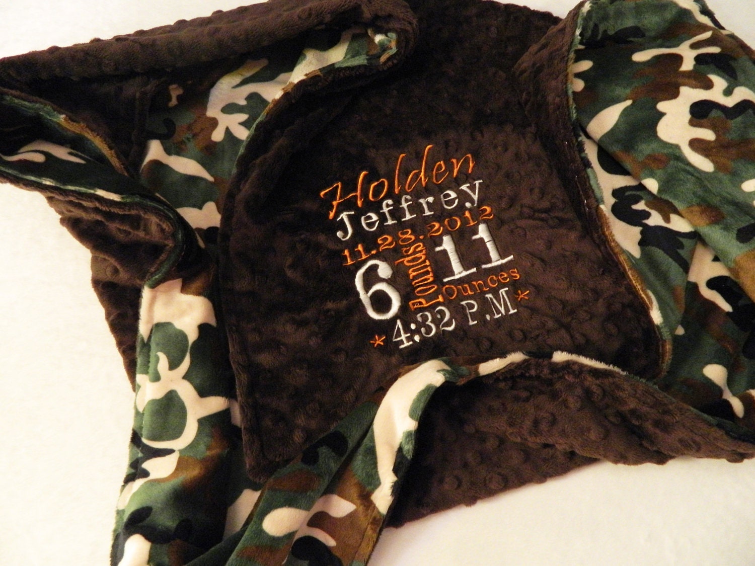 Minky Blanket - Personalized baby blanket -Brown and camo minky print - 30x36"