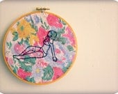embroidery hoop art summer SUNSHINE original vintage inspired portrait pin up girl art flower fabric