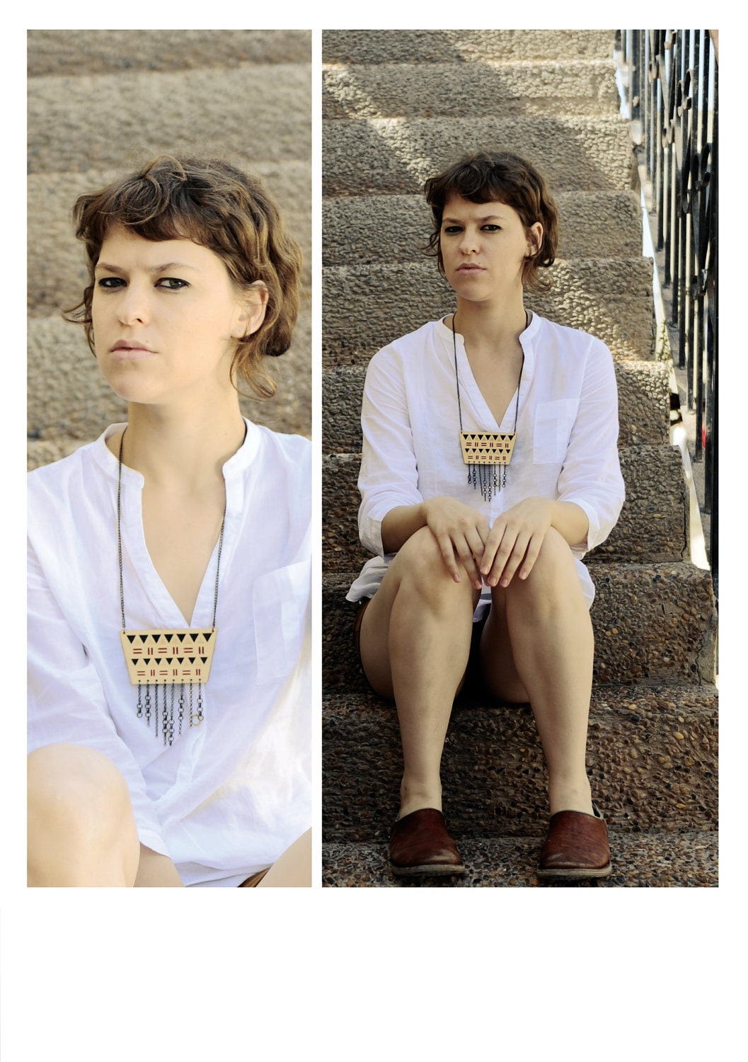 Navajo Wooden Geometric Necklace Chain Fringe. Red and Black. Triangle. Ethnic. Pattern.