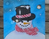 Snowman Quilt Block Hand Painted on Cotton - Top Hat and Chick-a-dees
