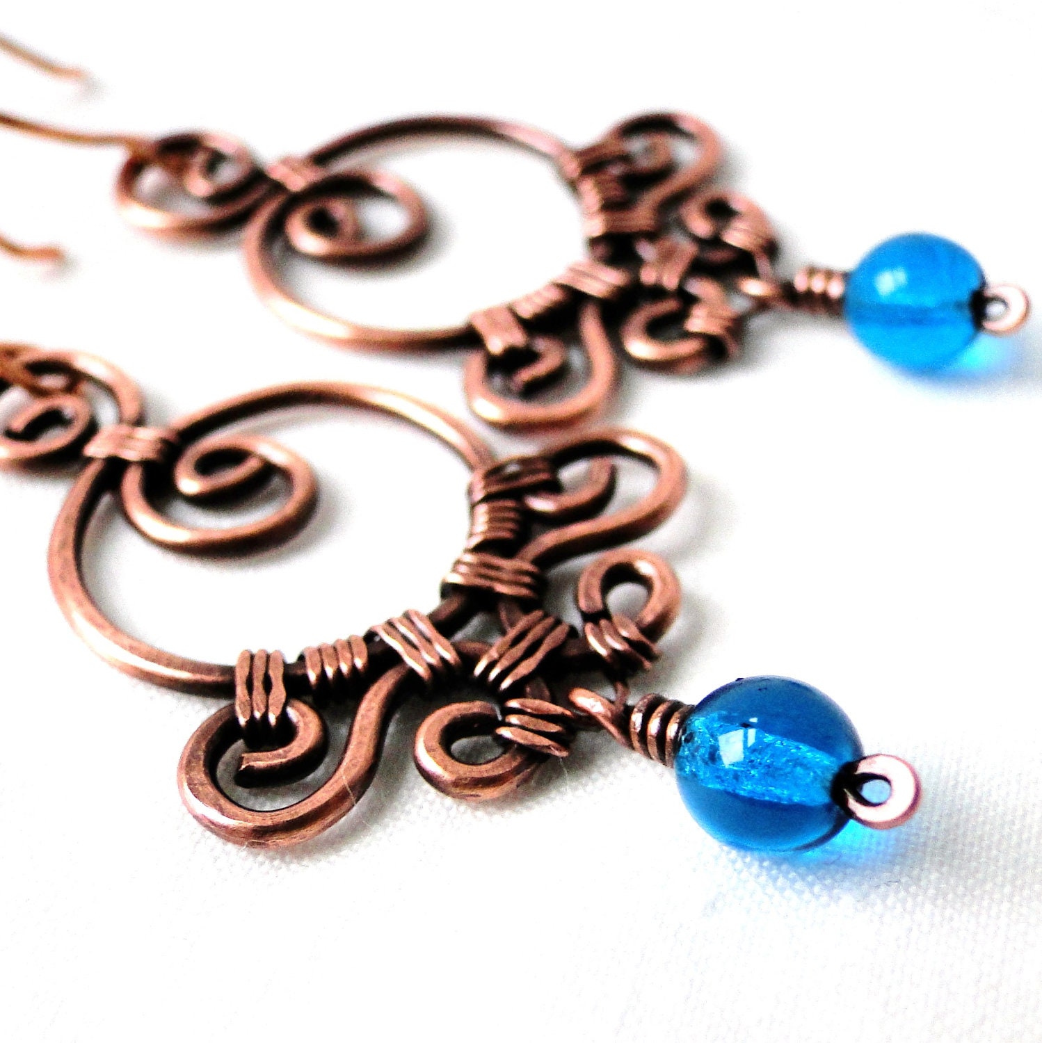 Ornamental Earrings, Wire Wrapped Jewelry, Aqua Blue Glass, Antiqued Copper, Handcrafted Earrings