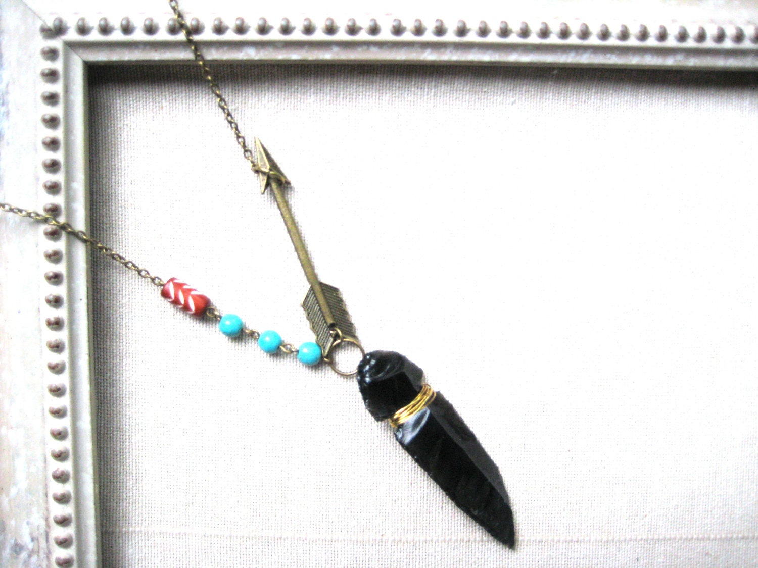 Black Obsidian Arrowhead Necklace with Arrow, Turquoise and Chevron Bone Bead, Long Chain, Brass, Handmade, Tribal