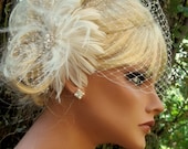 Bridal fascinator, Birdcage bandeau bridal veil - feathered fascinator wedding hair clip White or Ivory 2 piece set