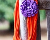 Infinity Scarf Necklace with Felt Rosette Brooch - Bright Orange with Lavender Rosette White Center