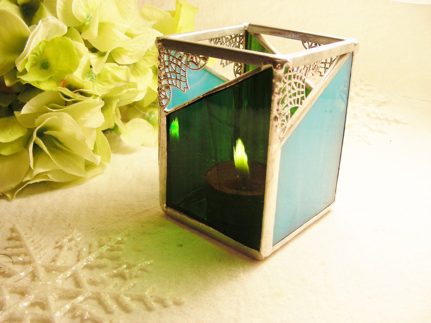 Turquoise and Dark Olive Candle Holder
