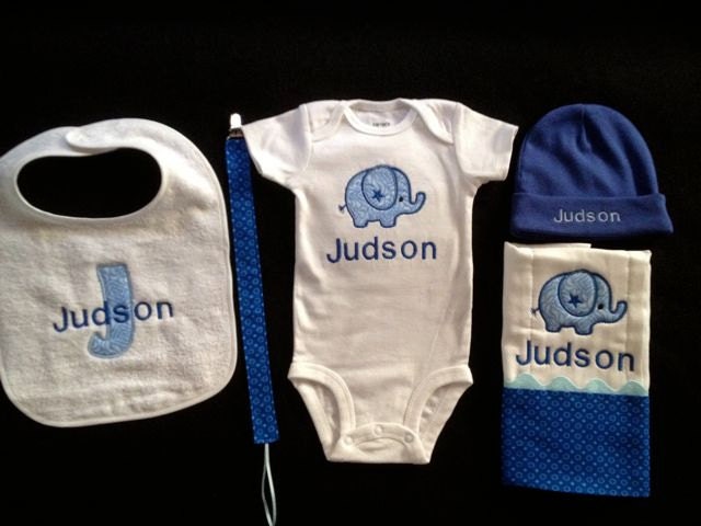 Baby boy elephant gift set- 1onesie-1 burp cloth-1bib-1hat-1 pasi clip