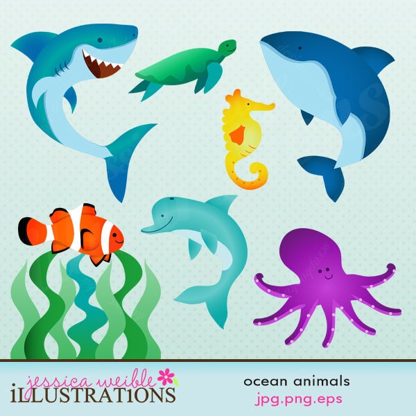Ocean Animals Cute Digital Clipart for Card Design, Scrapbooking, and Web Design Il_570xn