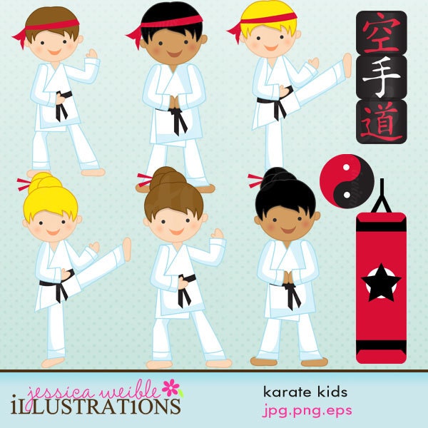 Karate Kids Cute Digital Clipart for Card Design, Scrapbooking, and Web Design Il_570xn