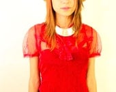 CLOVER 20s Red Sheer Mesh Bright Classic Blouse