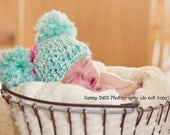 Aqua and Cream Double Pom Pom Hat