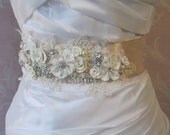 Champagne Bridal Sash, Ivory Wedding Belt, Rhinestone and Pearl Flower Sash with Lace - CHERI