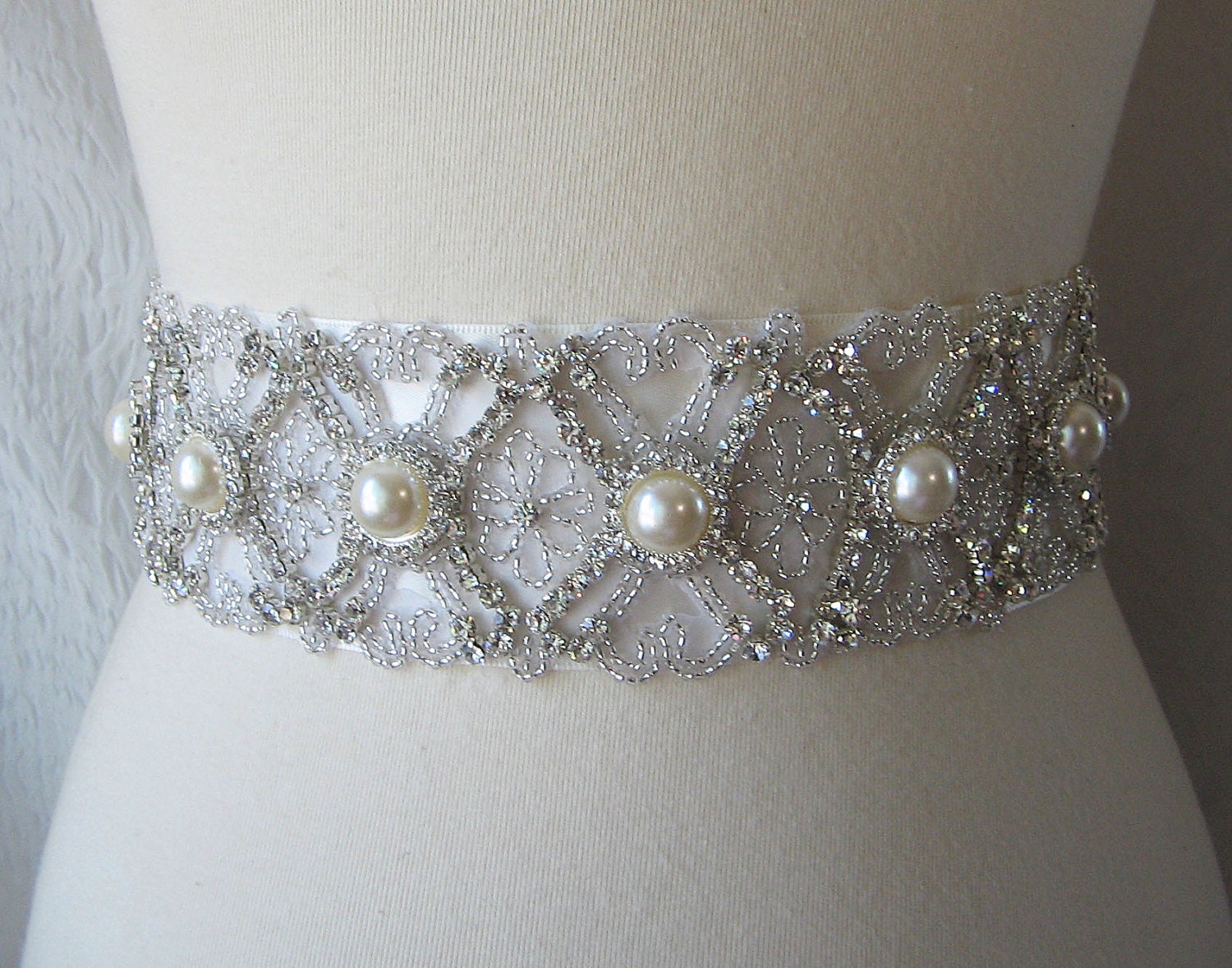 Pearl and Rhinestone Bridal Sash, Wedding Belt, Ivory Crystal Bridal Sash - DIANA