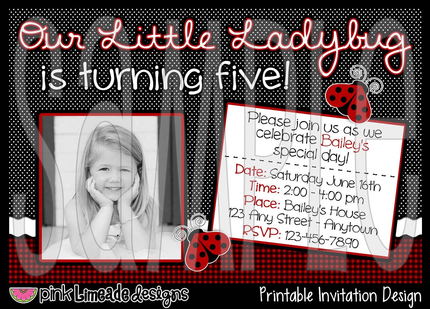 Lady Bug Birthday Invitation - Red Black & White - Digital Invitation Design - You Print - 4x6 photo size