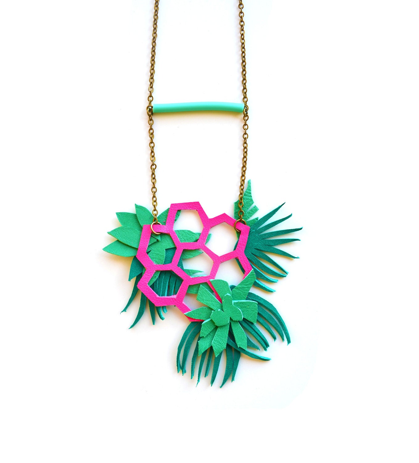 Neon Bib Necklace Geometric Faceted Hexagons and Leather Terrarium Plants