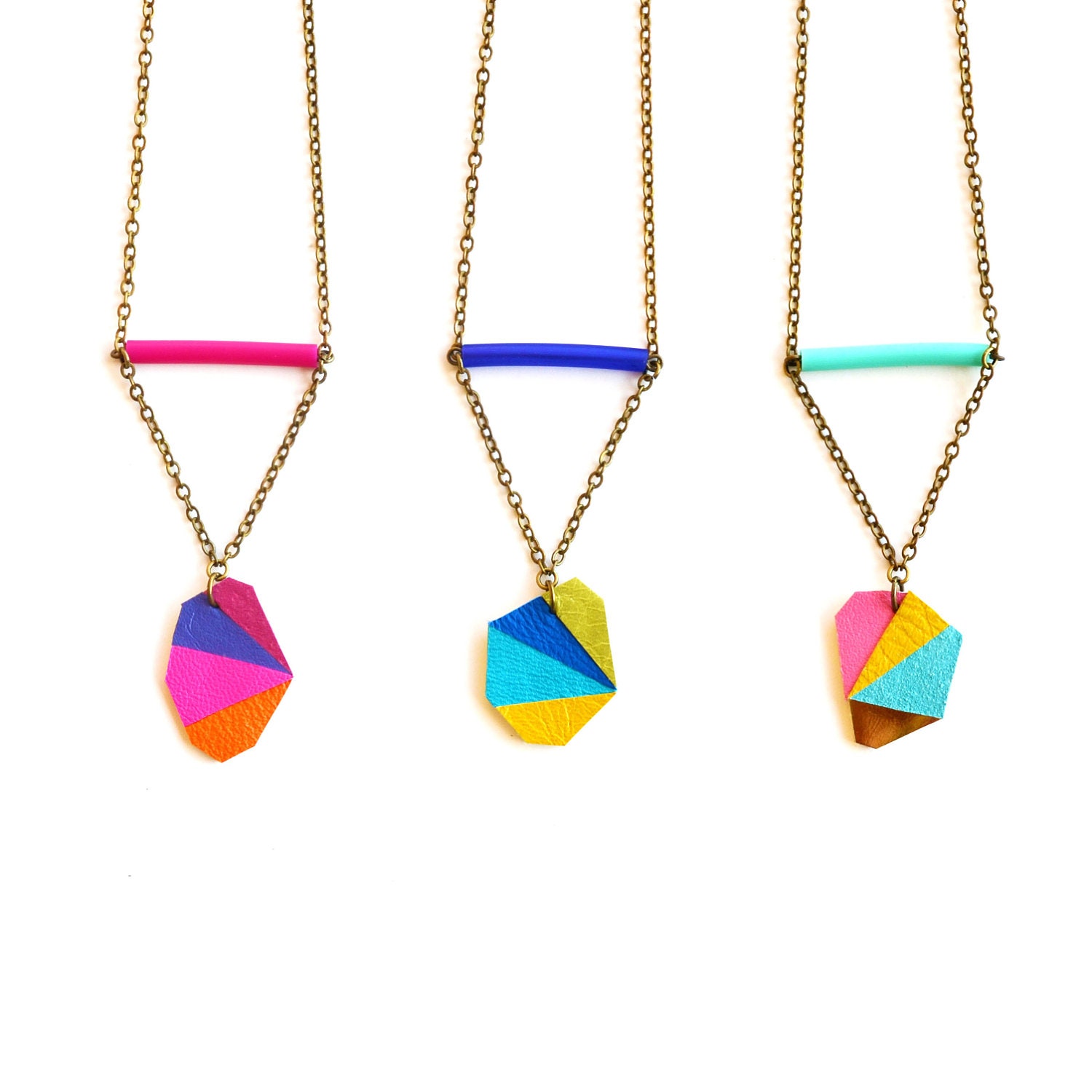 Neon Pendant Necklace Geometric Color Block Faceted Gem