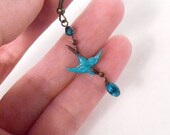 Real Turquoise Bird Earrings - Patina Brass Birds with Real Turquoise Beads & Crystals