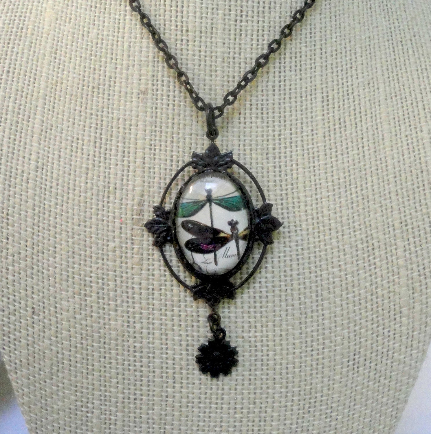 Dragonfly Necklace - Victorian Style - Dragonfly Jewelry - Dark Metal, Flying Insects