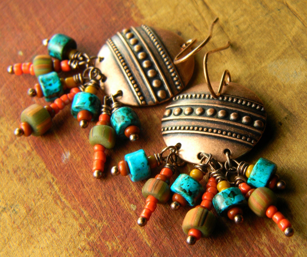 Copper Southwestern Earrings Colorful Tribal OOAK