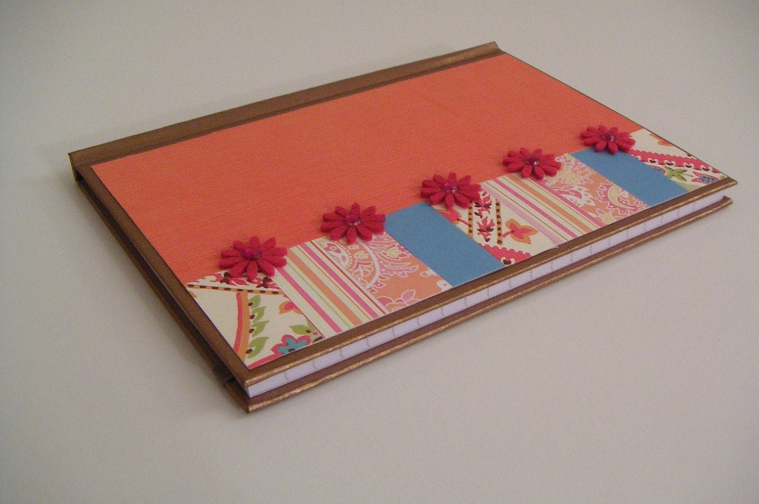 Orange Pink and Teal Journal with Felt and Rhinestone Flowers