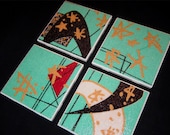 Retro Celestial Coasters - Ceramic Tiles & Barkcloth - Aqua, Teal, Turq., Gold, Red -- Set of 4 - approx 4" x 4"