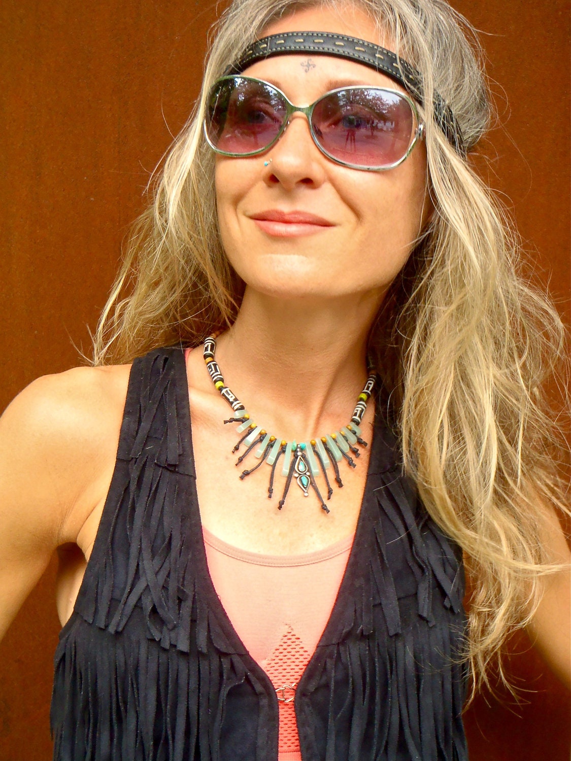 Aventurine FRINGE necklace TRIBAL necklace bib necklace statement necklace Sterling silver turquoise necklace