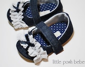 Toddler Shoes Claire Denim Fabric with white knit ruffle embellished with navy blue bow (Size 5-13)