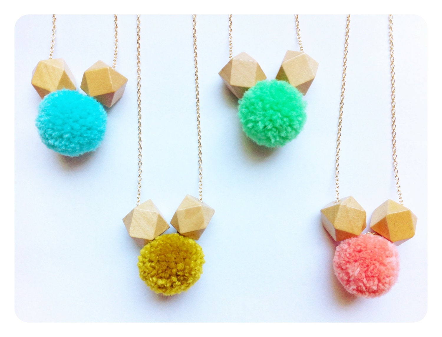 Shapes & Textures Neon Pom Pom Necklace / Geometric Wood Beads / Choose Your Color