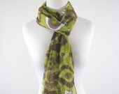 Retro Chartreuse Silk Chiffon. 11x90 inches. Hand Painted Silk. Chartreuse and Brown. Mother's Day