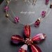 RASPBERRY JELLIE - pink, gold, violet resin & rhinestone flower pendant with suspended bead statement NECKLACE