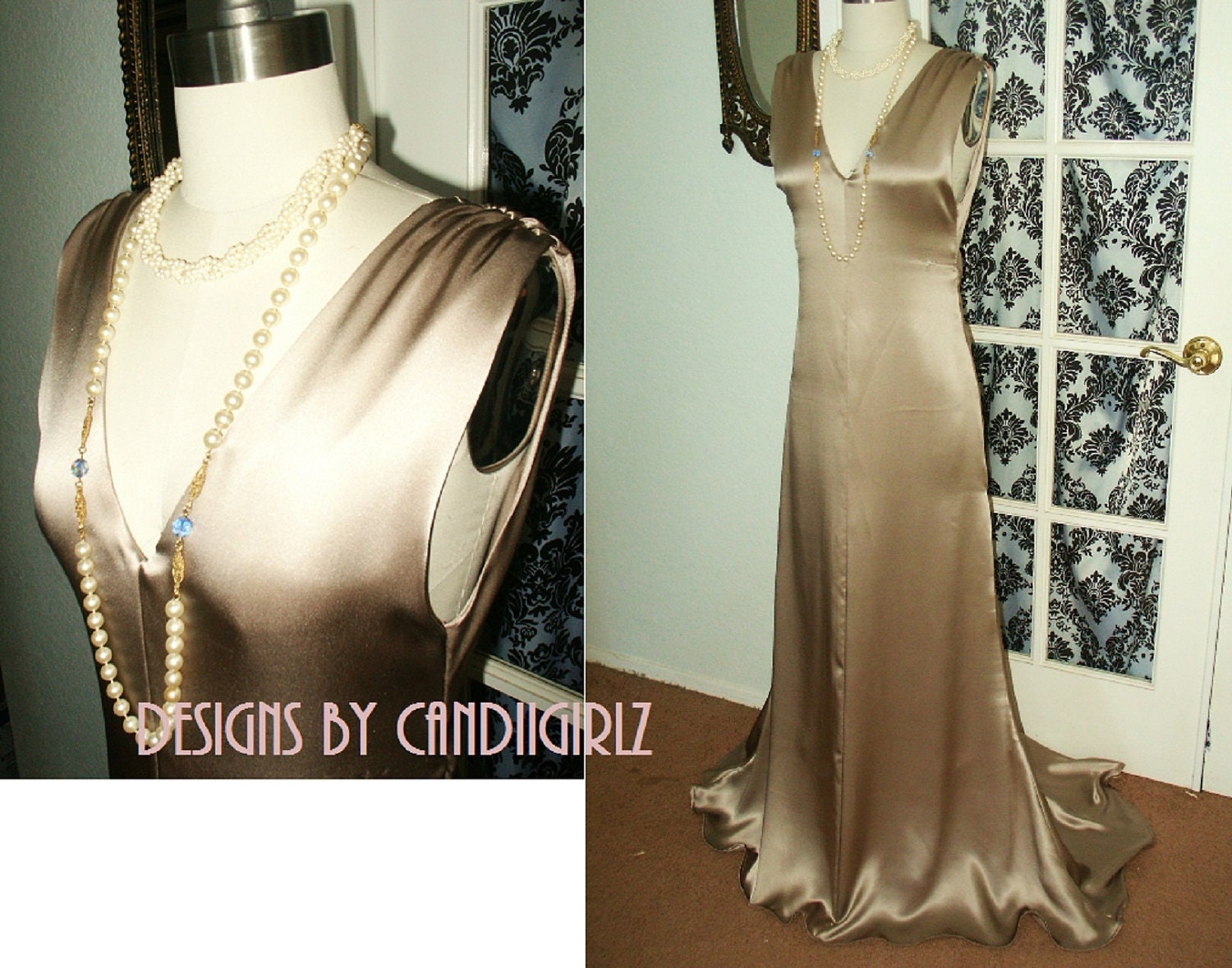 1920s 1930s Insp Custom Jasriel V neckline Plunge ruched Wedding Gala Long Evening Gown Dress