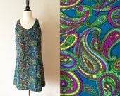 1960s blue green paisley print mod mini a line scooter dress xs