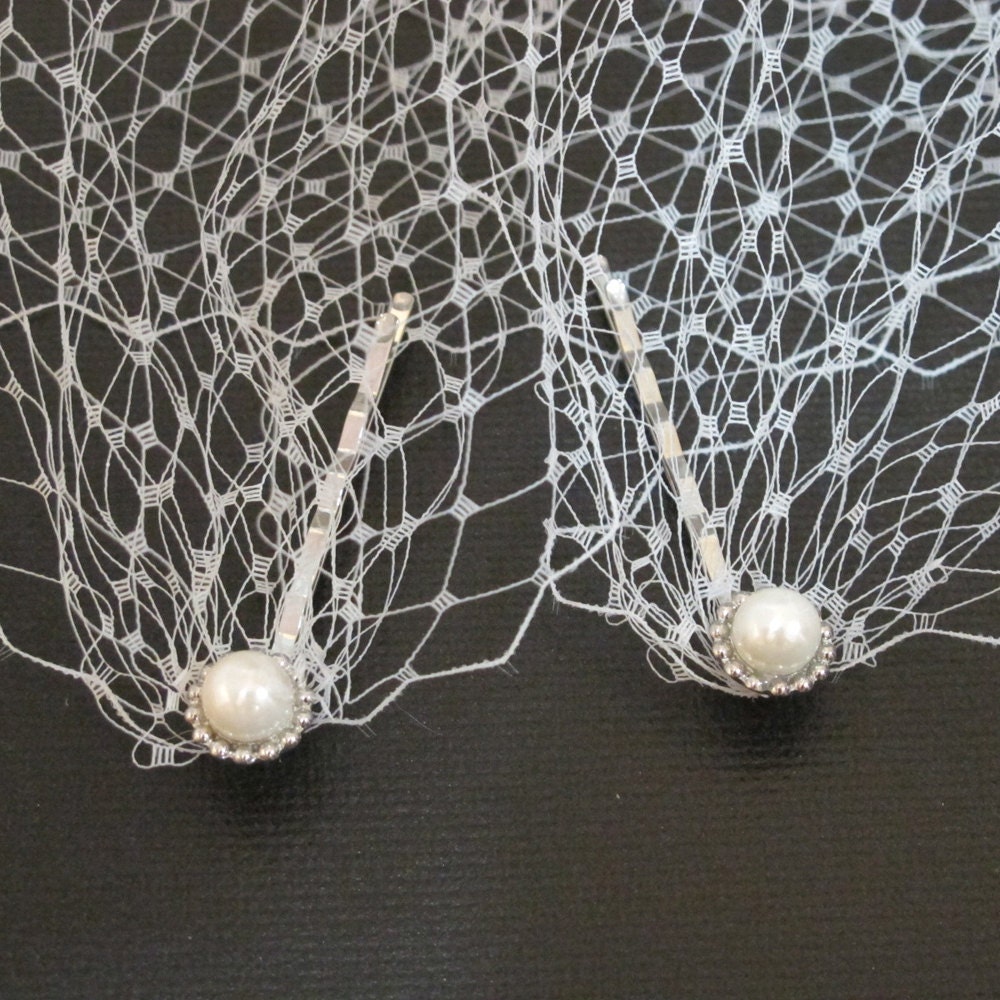 Ivory Bandeau Veil Bridal Blusher 9 inch French Net ends with two half pearl bobby pins.