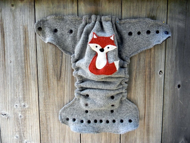 Upcycled Wool Nappy Cover Diaper Wrap Cloth Diaper Cover One Size Cover Gray With Fox Applique